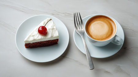 A tempting slice of cake with a cherry on top paired with a steaming cup of coffee on a marble surface, perfect for dessert lovers or cafe settings.の素材