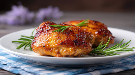 Indulge in these beautifully grilled chicken thighs, garnished with fresh rosemary, presented on a white plate with a blue checked napkin, perfect for any meal setting.の素材