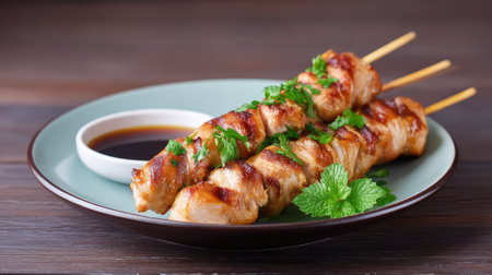 Succulent grilled chicken skewers served with vibrant fresh herbs and a savory dipping sauce, ideal for gatherings, special meals, or culinary adventures.の素材