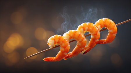Exquisite grilled shrimp skewers resting on a wooden stick, infused with smoky aroma, ideal for showcasing culinary art or seafood dishes in food photography.の素材