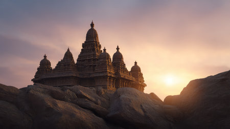 A breathtaking silhouette of an ancient temple set against a vibrant sunset, illustrating the harmony of historic architecture and nature's beauty in a rocky landscape.の素材