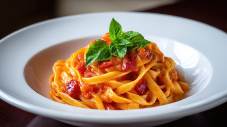 A delicious serving of fettuccine pasta topped with rich tomato sauce and fresh basil, perfect for cozy dining experiences. Ideal for Italian cuisine lovers and food enthusiasts.の素材
