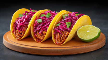 Indulge in these vibrant tacos featuring shredded meat and fresh toppings, beautifully presented on a wooden platter with a lime, perfect for food lovers.の素材