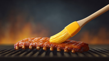 Mouthwatering barbecue ribs glazed with rich sauce and grilled over an open flame, perfect for summer gatherings, outdoor events, and delicious family meals.の素材
