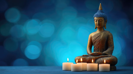 A beautifully crafted Buddha statue sits peacefully surrounded by glowing candles against a deep blue backdrop, evoking tranquility and mindfulness ideal for relaxation themes.の素材