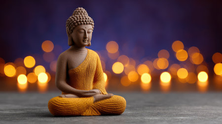 This exquisite Buddha statue embodies serenity and peace, set against warm bokeh lights that enhance any spiritual or meditative setting, perfect for reflection and calm moments.の素材