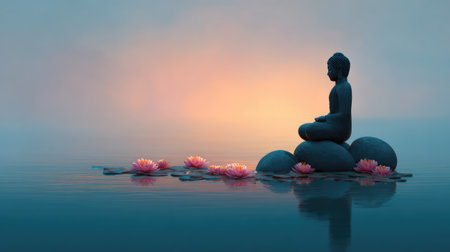 A tranquil scene featuring a Buddha statue silhouetted against a beautiful sunset, surrounded by floating lotus flowers on calm water, ideal for evoking peace and meditation.の素材