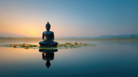 A serene Buddha statue sits peacefully on calm water during sunrise, surrounded by lilypads and misty mountains, evoking feelings of tranquility and mindfulness in nature.の素材