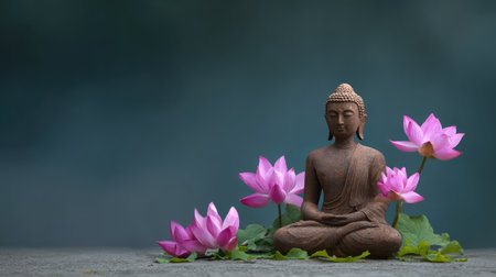 A beautifully crafted Buddha statue surrounded by delicate pink lotus flowers. The soft gradient background enhances the peaceful ambiance, symbolizing tranquility and harmony.の素材