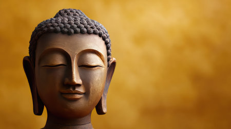 A captivating Buddha sculpture showcases a serene expression, set against a golden backdrop that enhances the atmosphere of tranquility and spiritual reflection.の素材