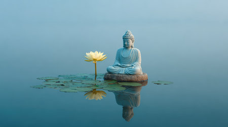 This tranquil scene features a serene Buddha statue sitting gracefully on water lilies, surrounded by still water and a beautiful lotus flower, embodying peace and mindfulness.の素材