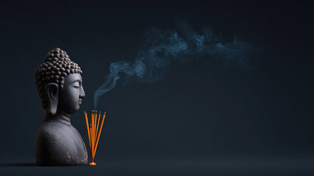 A tranquil Buddha bust emits soft incense smoke against a dark background, creating a serene atmosphere perfect for meditation and relaxation themes in your projects.の素材