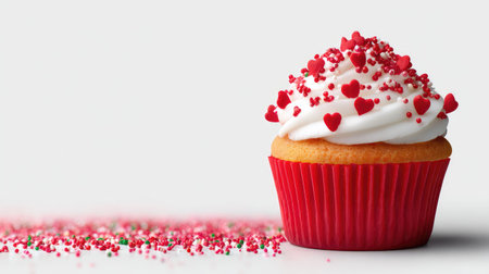 A charming red velvet cupcake topped with fluffy white frosting and playful heart-shaped sprinkles, ideal for special occasions or as a delightful treat for anyone celebrating love.の素材