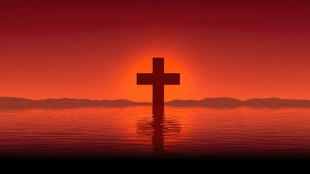 A stunning sunset over water features a silhouetted cross, creating a serene and peaceful atmosphere perfect for reflection and spiritual contemplation.の素材