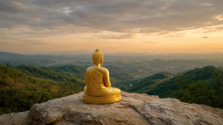 A serene golden Buddha statue sits on a rocky ledge, overlooking vast green mountains as the sun sets, casting a warm glow and inspiring tranquility in nature.の素材