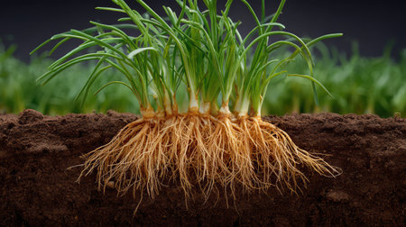 This captivating image reveals the growth of green grass with visible roots, highlighting the essential connection between plants and soil for environmental sustainability.の素材
