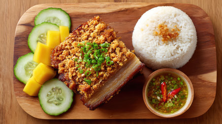 Experience a mouthwatering pork belly dish artistically arranged with fresh cucumber, mango slices, steamed rice, and a rich dipping sauce, perfect for any food enthusiast.の素材