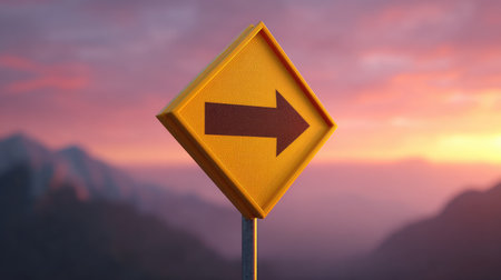 A striking yellow directional signpost pointing right adds a visual element to an enchanting sunset, with soft mountains and a vibrant sky in the background.の素材