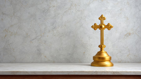 A beautiful golden cross stands on a polished marble surface, creating a stunning focal point against a softly textured gray wall, embodying tranquility and spiritual elegance.の素材