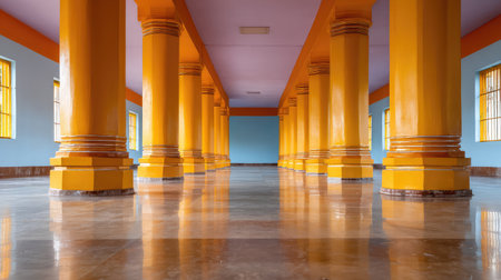 This image showcases a beautiful columned hall with vibrant yellow pillars and colorful walls, enhancing the inviting atmosphere and architectural elegance of the space.の素材