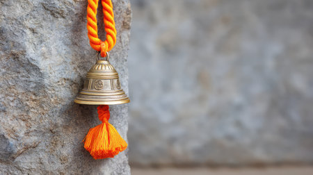 Captivating traditional bell adorned with a bright orange tassel, beautifully contrasted against a stone background, evoking cultural richness and serene ambiance.の素材
