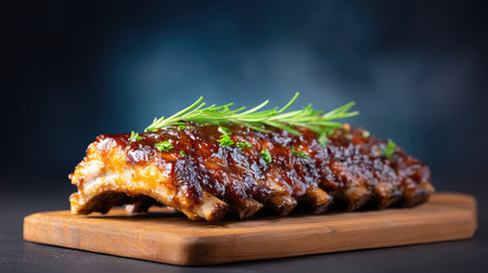 A luscious rack of barbecue pork ribs with a shiny glaze sits elegantly on a wooden board, garnished with fresh herbs, offering an irresistible appeal for meat lovers.の素材