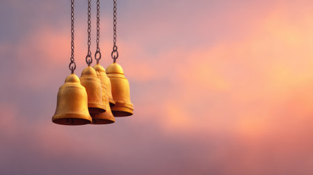 A captivating image showcasing four golden bells hanging from chains against a colorful sunset sky, embodying serenity and elegance in a tranquil setting.の素材