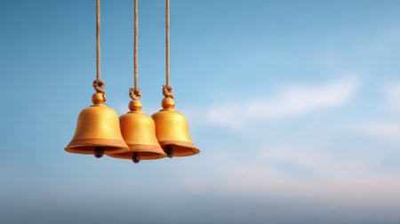 Three golden bells suspended from twine against a serene sky, embodying a sense of peace and tradition, perfect for themed decorations or artistic projects.の素材