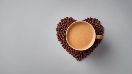 A cozy cup of coffee rests in a heart-shaped arrangement of coffee beans, set against a soft gray background, creating a warm and inviting atmosphere perfect for coffee enthusiasts.の素材