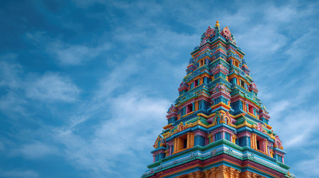 A striking view of a colorful Hindu temple tower against a serene blue sky, showcasing intricate details and vibrant artistry that highlight rich cultural heritage and spiritual significance.の素材