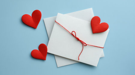 Aesthetic arrangement of white envelopes tied with red string, accompanied by vibrant red felt hearts, perfect for love-themed projects or romantic events.の素材