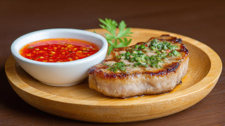 A mouthwatering grilled steak seasoned with fresh herbs, served on a wooden plate with a vibrant spicy red sauce, perfect for gourmet culinary experiences.の素材