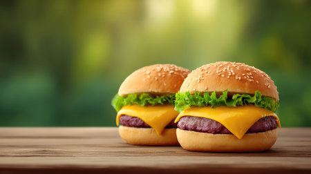 Two delicious cheeseburgers featuring fresh lettuce and melting cheddar cheese, beautifully presented on a rustic wooden table with a natural backdrop.の素材