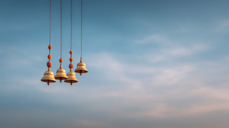 A captivating image of golden temple bells hanging in the breeze against a tranquil blue sky, evoking feelings of peace and spirituality in a serene natural setting.の素材