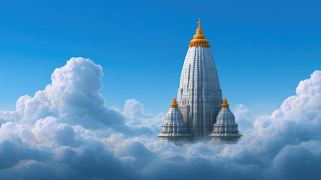 A stunning temple rises majestically above fluffy clouds, set against a brilliant blue sky, evoking a sense of peace and spirituality in a dreamlike environment.の素材