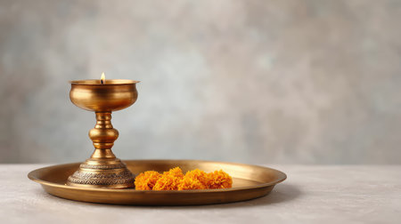 A stunning brass oil lamp emits a warm glow beside vibrant marigold flowers, creating a serene atmosphere ideal for celebrations and cultural rituals. Perfect for festive decor.の素材