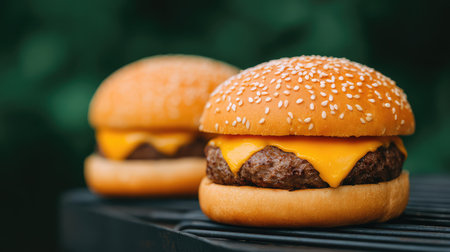 A mouthwatering cheeseburger with melted cheese and fresh ingredients, perfect for summer cookouts and outdoor dining experiences. Ideal for food enthusiasts.の素材