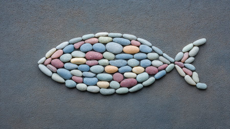 Vibrant arrangement of smooth pebbles forming a fish shape on a grey background, ideal for artistic projects or as a stunning decorative element in various designs.の素材