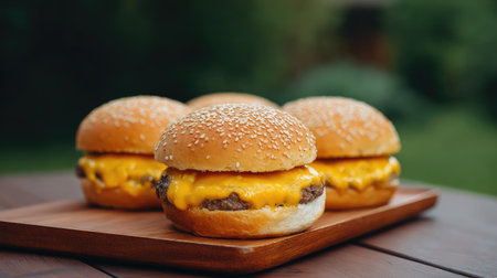 Three delicious cheeseburgers with rich cheddar cheese on sesame buns, ideal for enhancing summer barbecues and outdoor dining experiences with friends and family.の素材