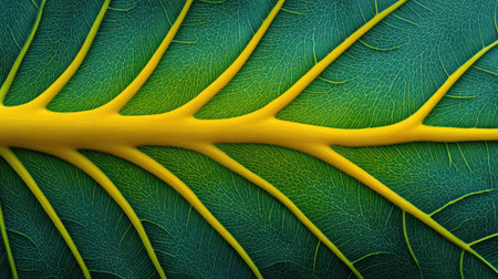 Explore the intricate details of a leaf's vein structure showcasing vibrant green and yellow hues, illustrating the beauty and complexity of nature's design in a close-up perspective.の素材