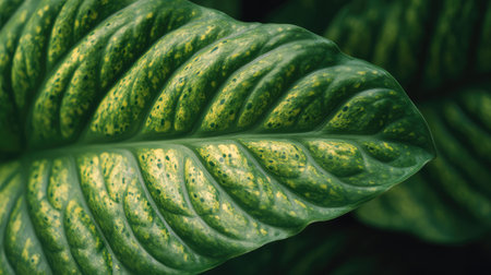 A detailed close-up view of a lush green leaf showcasing vibrant colors and intricate textures, perfect for nature-related projects and botanical photography.の素材