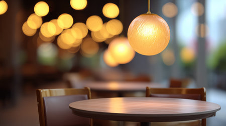 A charming restaurant interior features a warm pendant light above a wooden table, creating a cozy atmosphere ideal for dining and social interactions in a modern setting.の素材