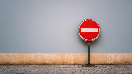 This image features a prominent no-entry sign set against a sleek wall, emphasizing themes of restriction and minimalism in urban landscapes.の素材