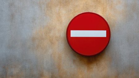 A striking red prohibition sign mounted on a textured wall conveys a clear message of restricted access, emphasizing urban safety and traffic regulations.の素材