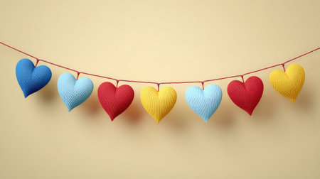 Charming heart-shaped decorations in vibrant colors hang delicately against a soft yellow background, ideal for enhancing festive atmospheres and craft projects with playful aesthetics.の素材