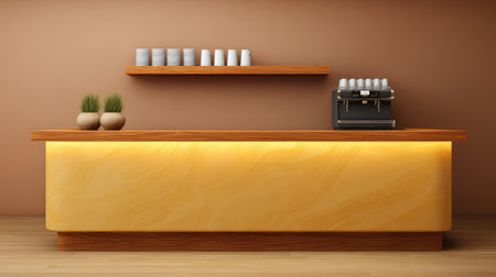 A beautifully designed coffee shop counter featuring a wooden surface, a coffee machine, and decorative plants, perfect for creating a warm and inviting atmosphere.の素材