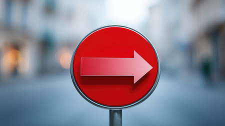 A striking red sign featuring a right-pointing arrow, symbolizing direction and guidance, set against a softly blurred urban backdrop for a modern feel.の素材