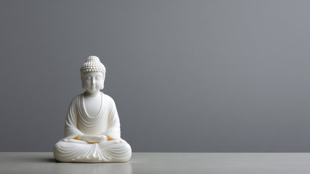 A stunning white Buddha statue, embodying peace and tranquility, set against a minimalist gray backdrop. Ideal for themes of meditation, wellness, and spiritual reflection.の素材