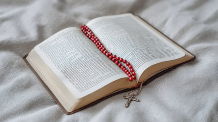 An open bible rests softly on a blanket, adorned with a red beads rosary, representing devotion and faith. This tranquil scene evokes a sense of peace and spirituality.の素材