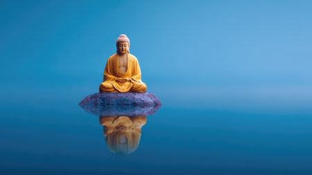 A tranquil Buddha statue sits gracefully on a rock in still water, symbolizing peace and serenity, perfect for themes of meditation, spirituality, and mindfulness.の素材